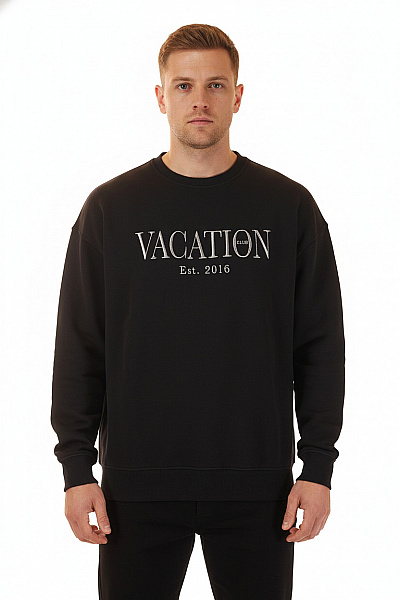 On Vacation Pánská Bavlněná černá Mikina Crewneck S Výšivkou Streetwear Velikost L
