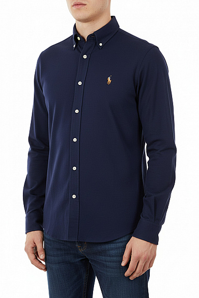 Ralph Lauren Pánská Bavlněná Tmavě Modrá Košile S Dlouhým Rukávem Slim Fit Ležérní S Výšivkou Velikost M