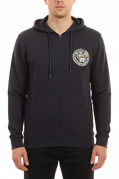 Roberto Cavalli Pánská Bavlněná Tmavě Modrá Mikina S Kapucí A Výšivkou Na Zip Vel. L