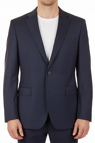 BENVENUTO Modré Polyesterové Sako Kárované Elegantní Společenské Dvouřadé Moderní Velikost 50