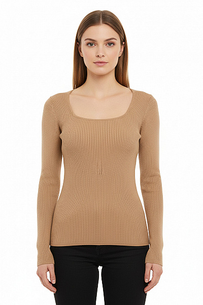 Zwillingsherz Dámský žebrovaný Kašmírový Svetr Béžový Elegantní Dlouhý Rukáv Vel. L