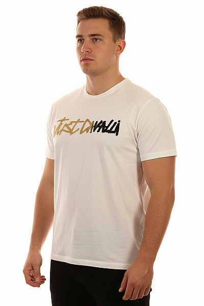Just Cavalli Pánské Bílé Tričko S Krátkým Rukávem A Zlatým černým Nápisem Velikost Xxl