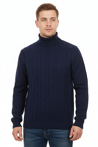 Malo Optimum Pánský Vlněný Modrý Rolák S Copánkovým Vzorem Teplý Přes Hlavu Vel. XL