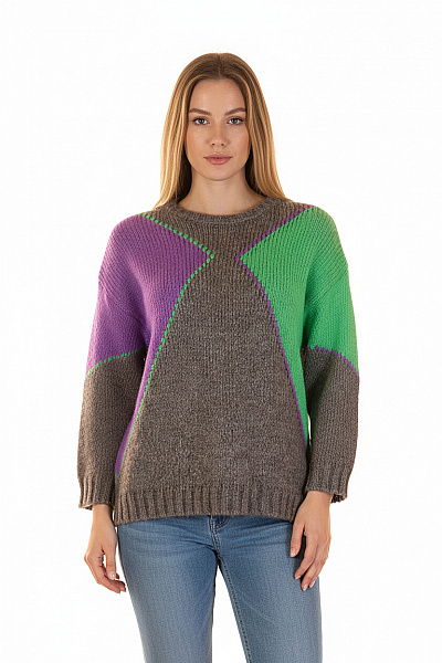 Mexx Dámský Pulovr šedý Fialový Zelený Vzorovaný Hrubě Pletený Volný Vel. M