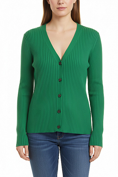 Marc O´Polo Zelený žebrovaný Kardigan Na Knoflíky S Výstřihem Do V Velikost M