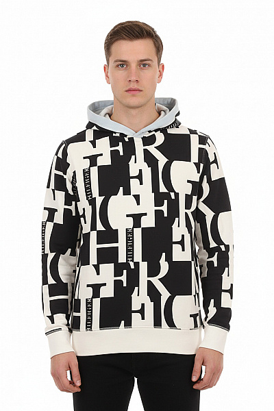 TOMMY HILFIGER Pánská Mikina S Kapucí Přes Hlavu černobílá Potisk Streetwear Vel. L