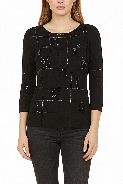 Marks & Spencer Černá Viskózová Pletená Halenka S 3/4 Rukávem S Kamínky Elegantní Velikost 44
