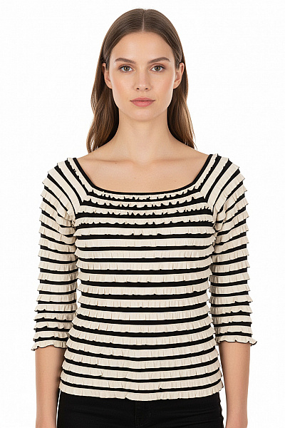 Joseph Ribkoff Dámská Halenka S Volánky Tříčtvrteční Rukáv Pruhovaná Elegantní Velikost 42