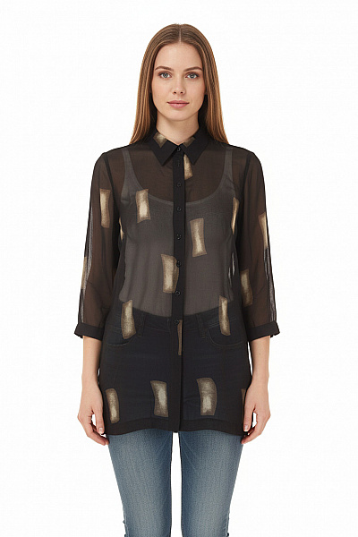 Marks & Spencer Dámská Polyesterová Průhledná černá Košile Dlouhá Vzorovaná Elegantní Velikost XXL