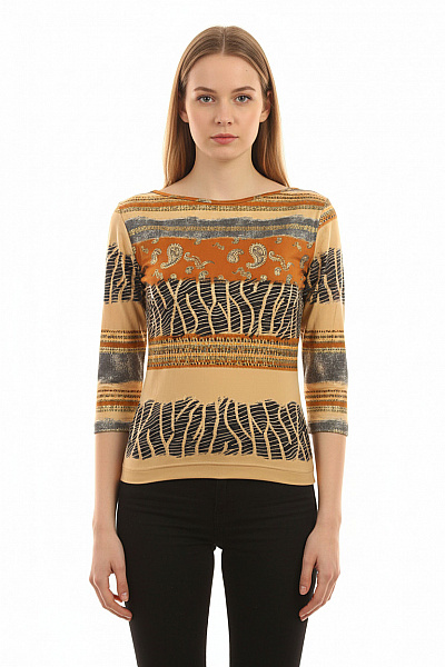 Dámská Oranžová Béžová Halenka S 3/4 Rukávem A Etno Potiskem Vel. S