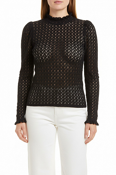 HALLHUBER Dámská černá Krajková Halenka S Rolákem A Dlouhým Rukávem Velikost L