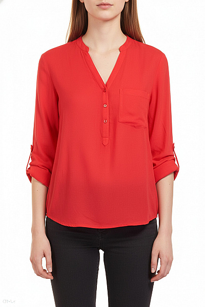 ZARA Dámská červená Halenka S Dlouhým Rukávem A Výstřihem Do V Vel. S