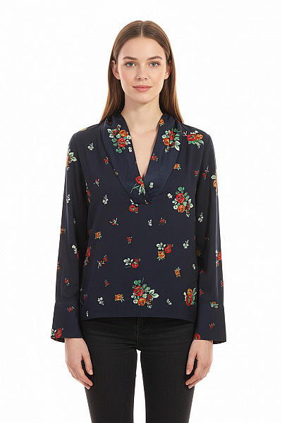 ZARA Dámská Tmavě Modrá Halenka S Dlouhým Rukávem A Květinovým Potiskem Vel. XS