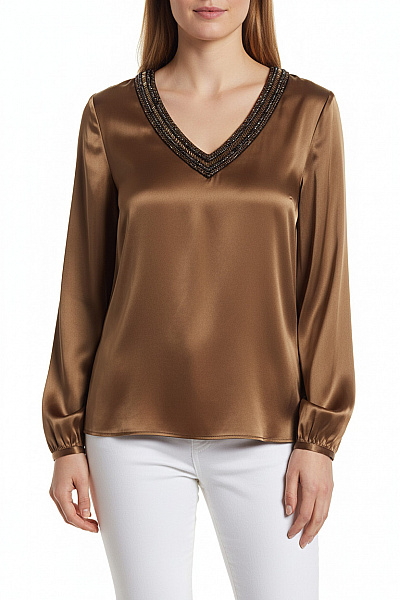 Van Laack Hedvábná Společenská Halenka Bronzová S Kamínky Dlouhý Rukáv Velikost 44