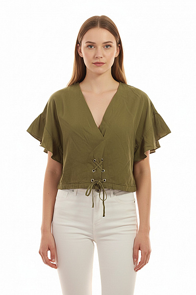 ZARA Dámská Khaki Crop Halenka S Výstřihem Do V A Vázačkou Velikost XS