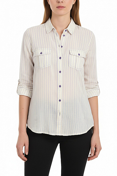 Marks & Spencer Dámská Lněná Košile S Dlouhým Rukávem Krémová Fialová Pruhovaná Ležérní Velikost UK 16