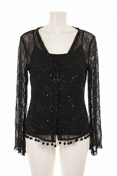 Joseph Ribkoff Černá Krajková Halenka Flitry Dlouhý Rukáv Večerní Velikost 42