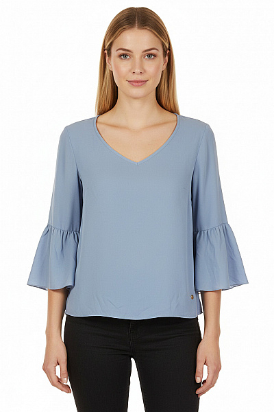 MOTIVI Dámská Modrá Halenka Společenská Elegantní Volná S Výstřihem Do V Zvonovými Rukávy Velikost M