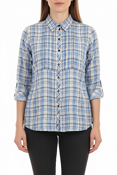 Dámská Kostkovaná Košile S Dlouhým Rukávem Bavlněná Ležérní Modrá Vel. 44