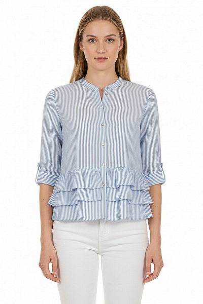 ZARA Dámská Modrá Bílá Pruhovaná Košile S Volánky Ležérní Velikost M
