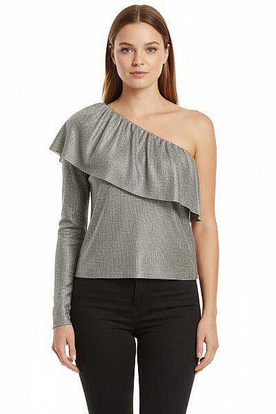 ZARA Dámská Společenská Halenka Stříbrná Lesklá S Volánky Na Jedno Rameno Polyesterová Vel. L