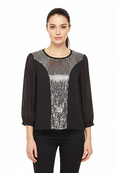 Černá Společenská Halenka Flitry Dlouhý Rukáv Elegantní Na Večírek Vel. 38