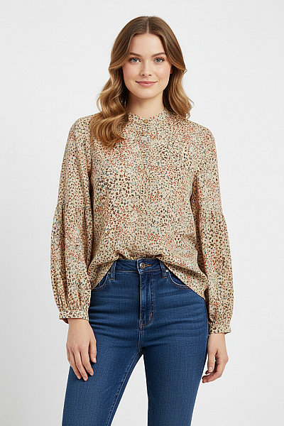 YAYA Dámská Polyesterová Košile Dlouhý Rukáv Béžová Květinová Vzorovaná Ležérní Retro Vel. 38