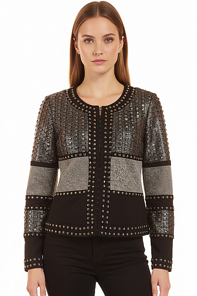 Patrizia Dini Dámské Sako Černé Šedé Krátké Elegantní S Cvočky Třpytivé Vzorované Do Pasu Velikost 38
