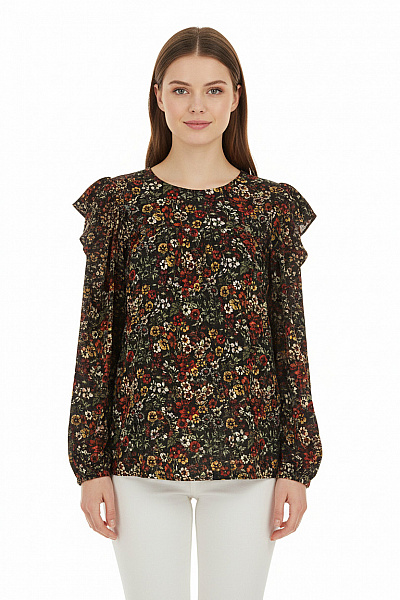 Warehouse Dámská černá Halenka S Dlouhým Rukávem A Květinovým Potiskem Volná Velikost 36