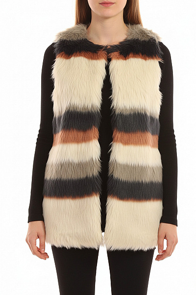 Oui Dámská Chlupatá Pruhovaná Vesta Krémová Hnědá černá šedá Vel. 34