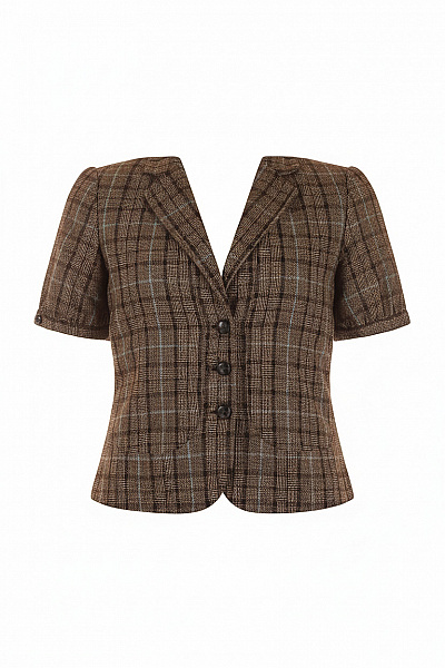 SAINT TROPEZ Hnědé Kostkované Sako Vypasované S Krátkým Rukávem Na Běžné Nošení Vel. M
