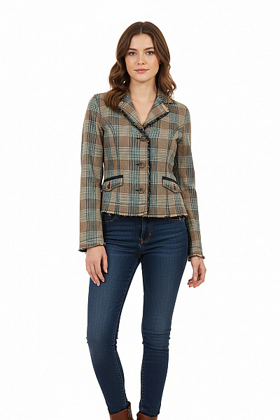 Mexx Bavlněné Hnědé Kárované Sako Krátké Vypasované Ležérní Podzimní Vel. 38