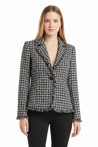 Best Connections Dámské Teplé Sako Kostkované černobílé Krátké Ležérní Vypasované Vel. 40