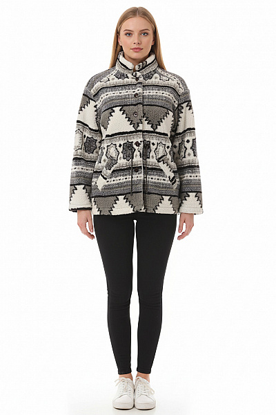 COS Dámský Krátký Vzorovaný Plyšový Kabát šedobílý S Vysokým Límcem Velikost M