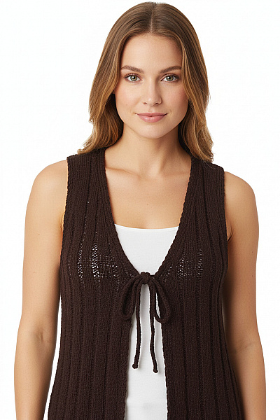 WHO WHAT WEAR Dámská Hnědá Pletená Krátká Vesta Bez Rukávů Vel. 40