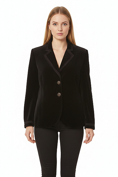 VANILIA Černé Sametové Sako Elegantní Vypasované Retro Knoflíky Velikost 40
