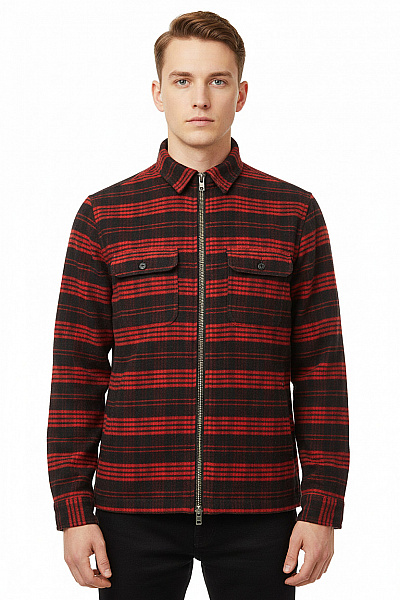 Topman Pánský Bavlněný Flaušový Kabát Krátký červenočerný Vzorovaný Na Zip Vel. S