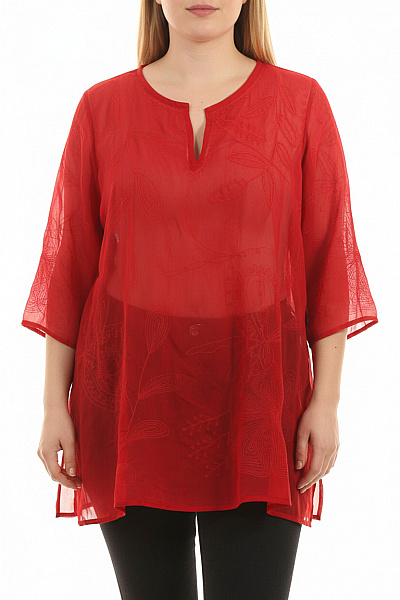 ZIZZI Červená Průsvitná Tuniková Halenka Vyšívaná Volná Etno Vel. XL