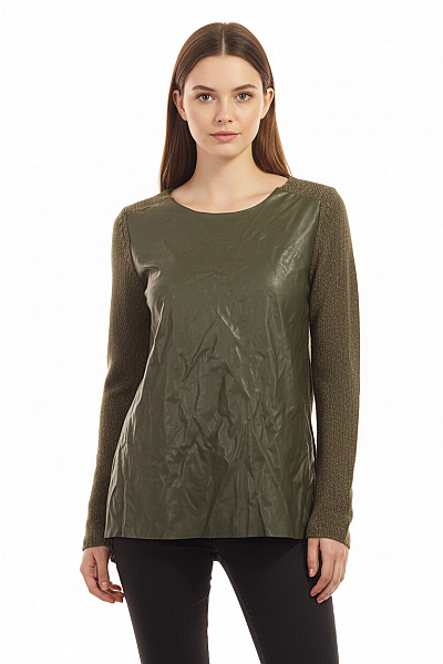 ZARA Zelená Kožená Halenka Pletené Rukávy Podzimní Elegantní Velikost S