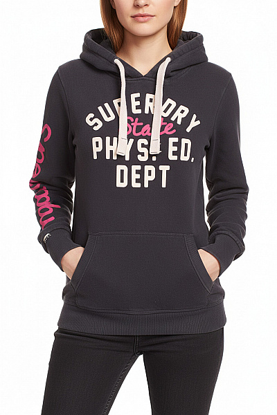 SUPERDRY Dámská Tmavá Mikina S Kapucí A Potiskem Přes Hlavu Streetwear Vel. M