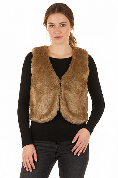 CULTURE Dámská Hnědá Chlupatá Kožešinová Vesta Bez Rukávů Krátká Vel. L