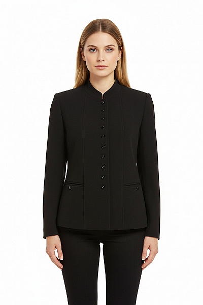 Marks & Spencer Vlněný černý Elegantní Vypasovaný Blejzr Se Stojáčkem Bez Klop Vel. 16