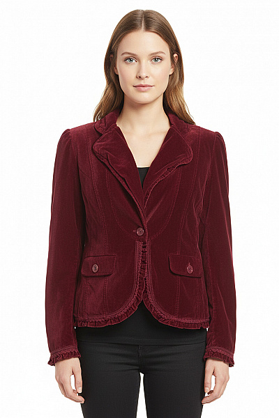 Marks & Spencer Vínové Manšestrové Sako Dámské Vypasované Volnočasové Elegantní S Volánem Velikost L