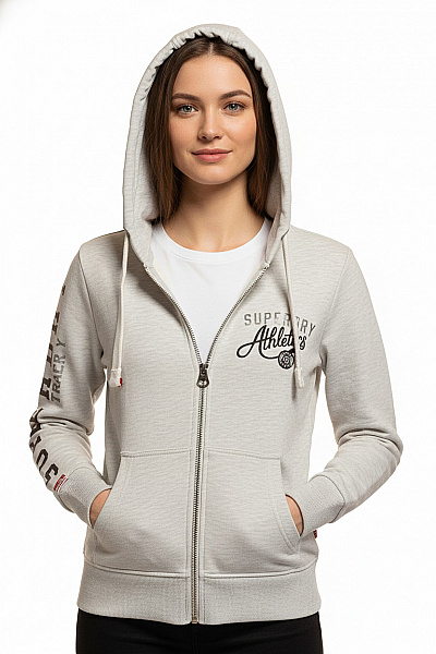 SUPERDRY Dámská Bavlněná Mikina S Kapucí A Potiskem Na Zip Světle šedá Vel. M