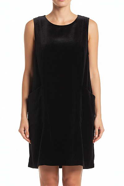 Dámské Bavlněné Sametové černé šaty Bez Rukávů S Kapsami Rovné Jednoduché Velikost L