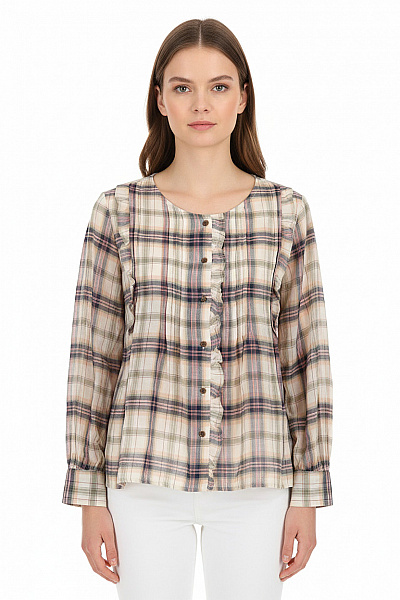 Marks & Spencer Dámská Kostkovaná Halenka S Dlouhým Rukávem A Volánky Velikost 34