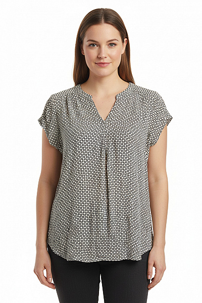 BONITA Dámská Viskózová Halenka černobílá S Krátkým Rukávem Vzorovaná Volná Do Práce Velikost 44
