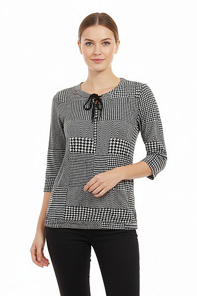 CECIL Dámské Tričko Patchwork Vzor Houndstooth Chevron černobílé Vel. XS