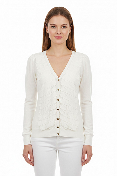 Ted Baker Dámský Bílý Kardigan S V Výstřihem A Nabíranými Detaily Propínací Velikost M