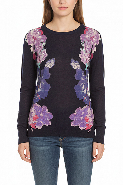 DESIGUAL Černá Fialová Květinová Pletená Dámská Halenka Dlouhý Rukáv Velikost M